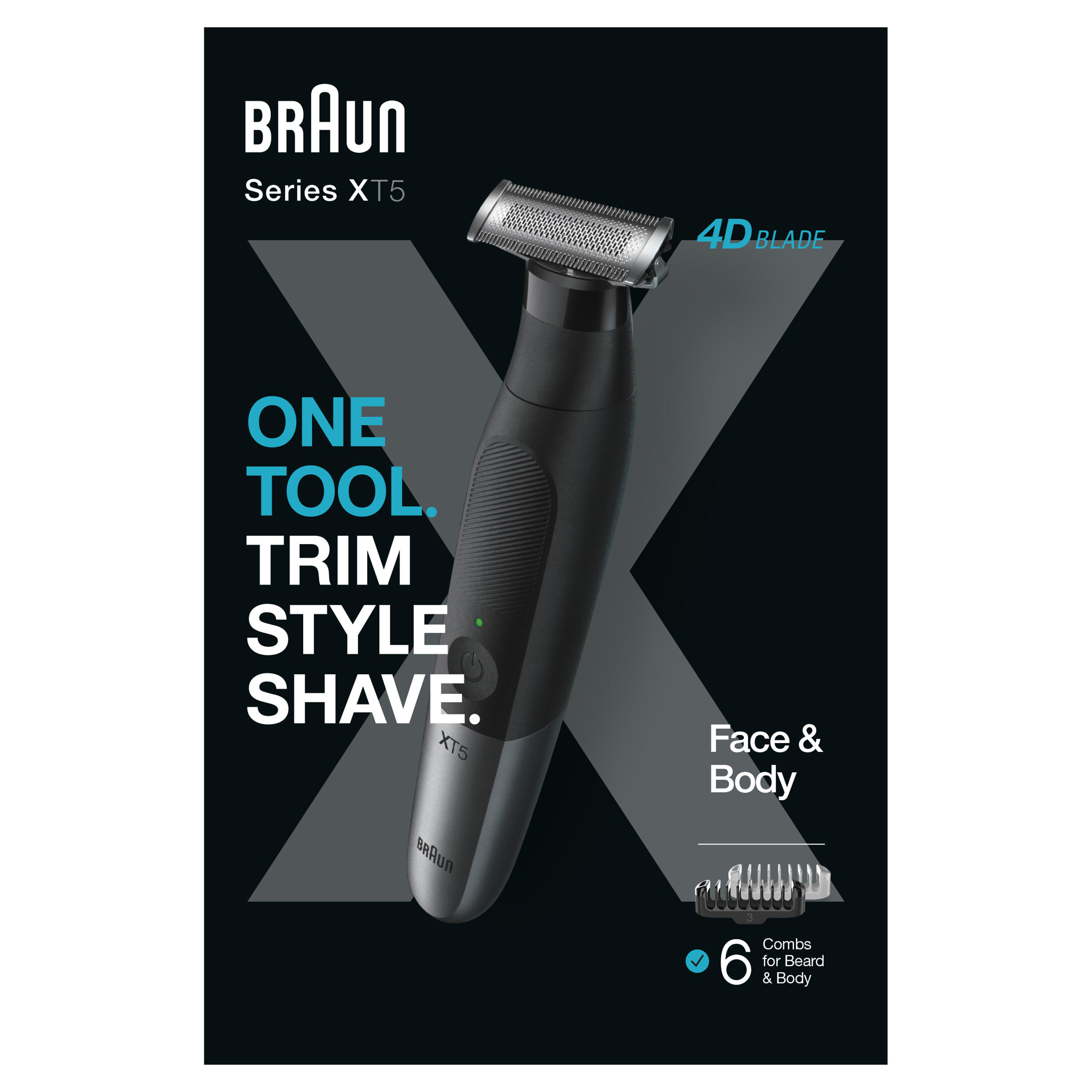 Schwarzer und grauer Braun Series XT5 Trimmer, mit Produktwerbung.