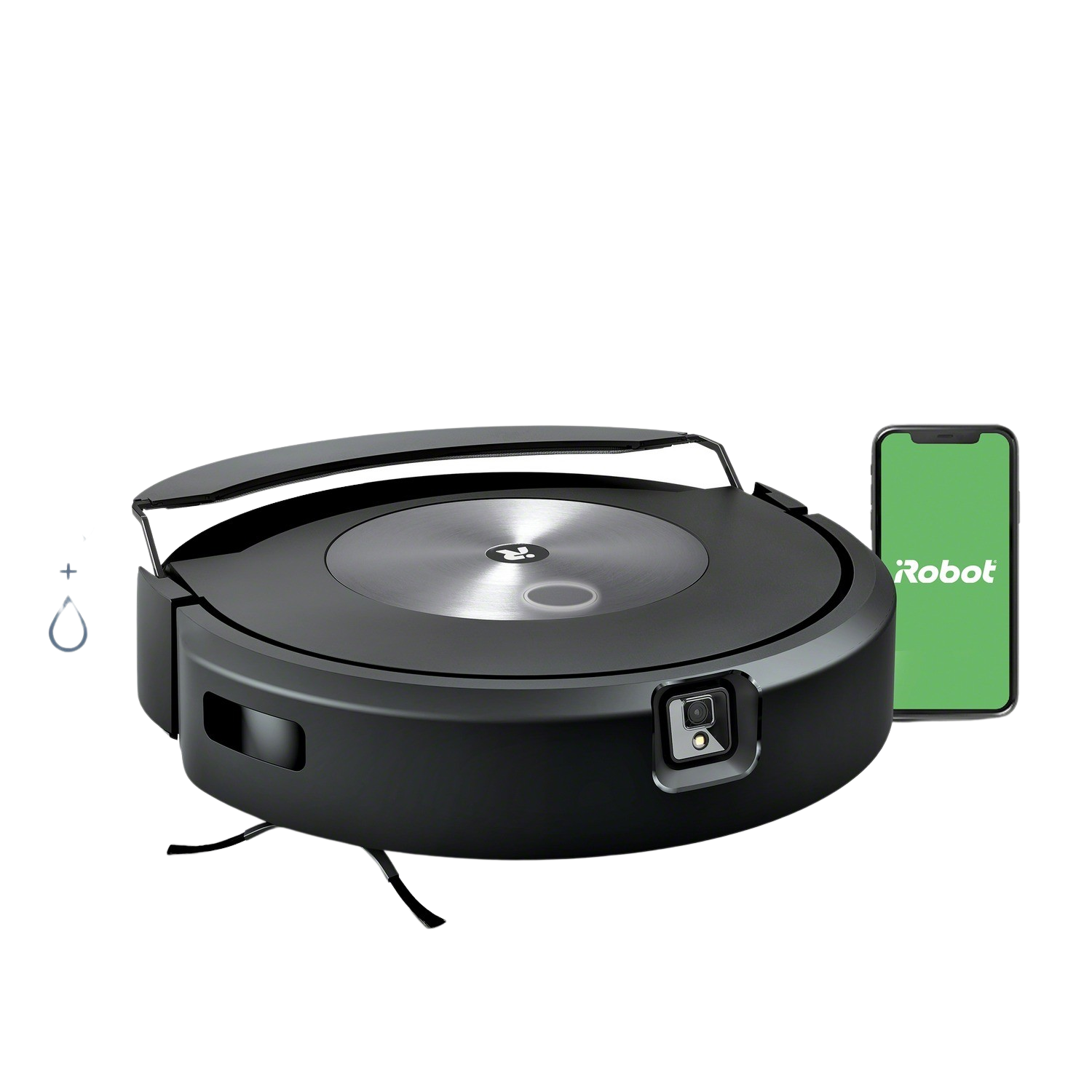 Een zwarte iRobot Roomba robotstofzuiger met een groene iRobot-app.