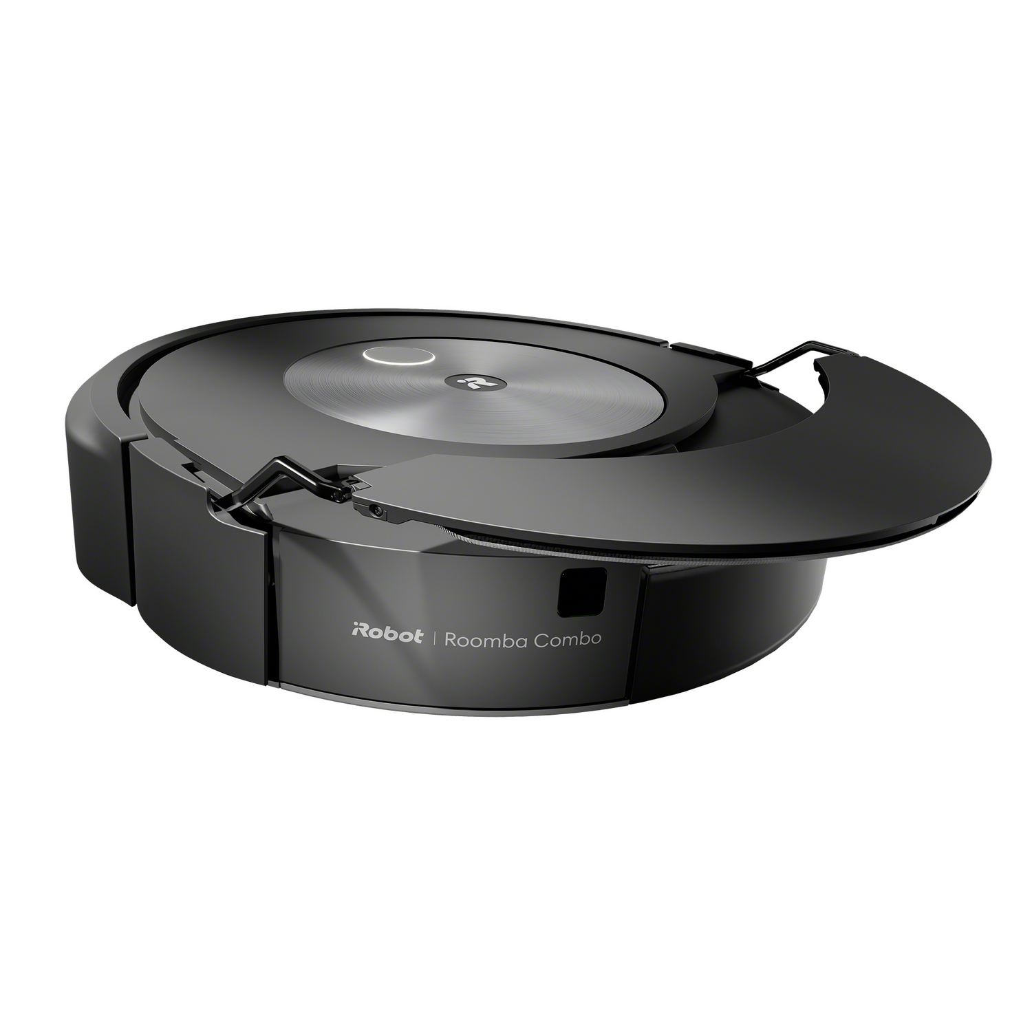 Zwarte Roomba Combo robotstofzuiger, bovenkant open. Zilveren midden, merknaam zichtbaar.