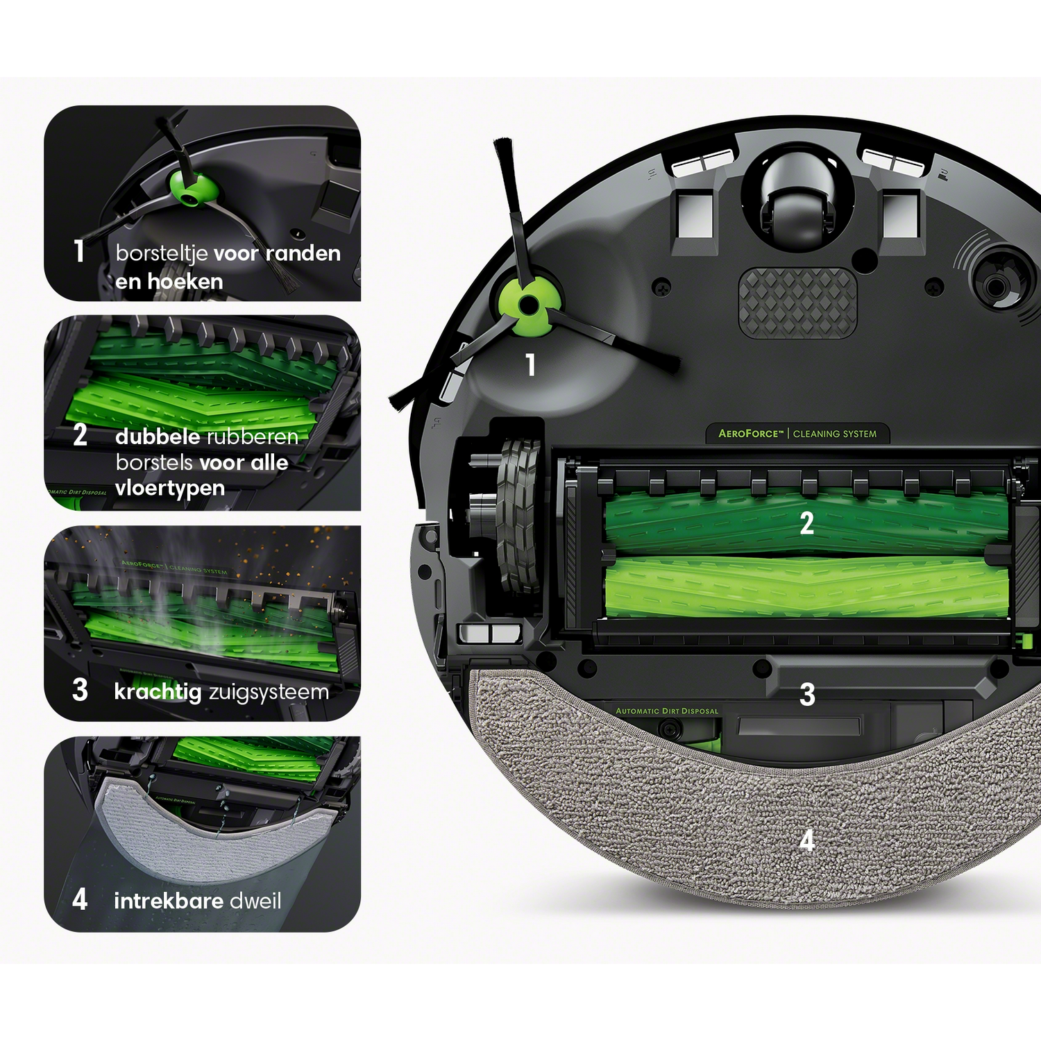 Robotstofzuiger met groene borstels.