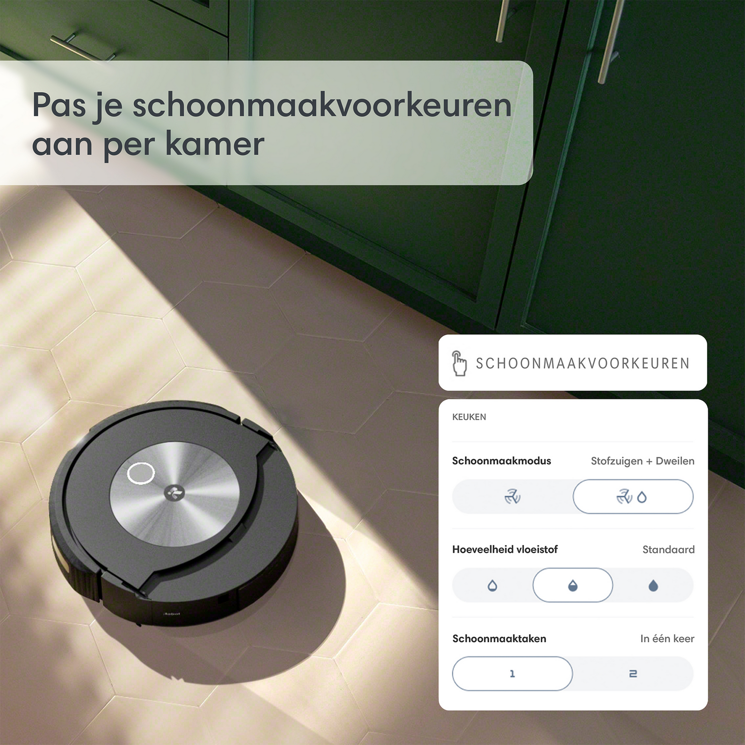 Een robotstofzuiger in een kamer met een digitale interface.