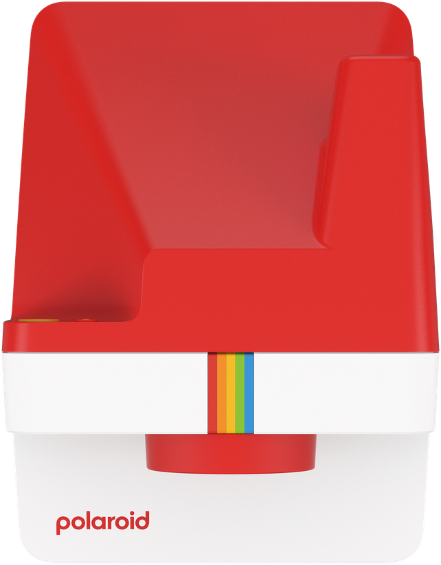 Rote und weiße Polaroid-Kamera mit Regenbogenstreifen.