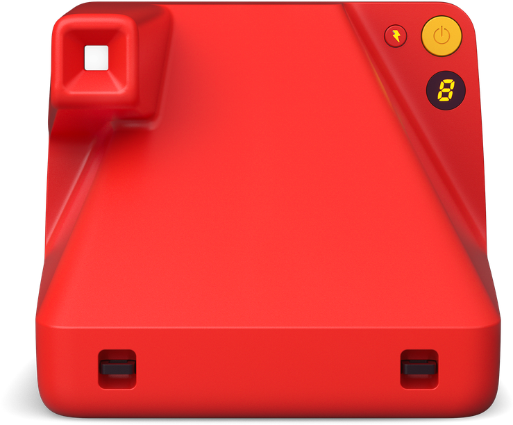 Eine rote Polaroid-Kamera mit Blitz, Ein- und Aus-Knopf und einer Anzeige für die Zahl 8.