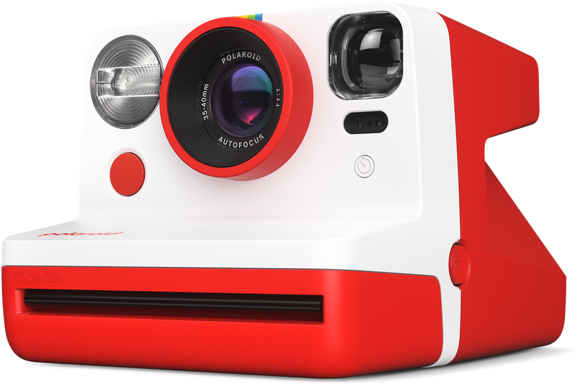 Rote und weiße Polaroid-Kamera mit schwarzem Objektiv und Blitz. Sie hat einen roten Auslöser.