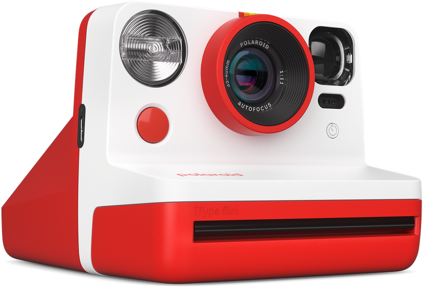 Eine rot-weiße Polaroid-Kamera mit rotem Knopf und großem Objektiv.