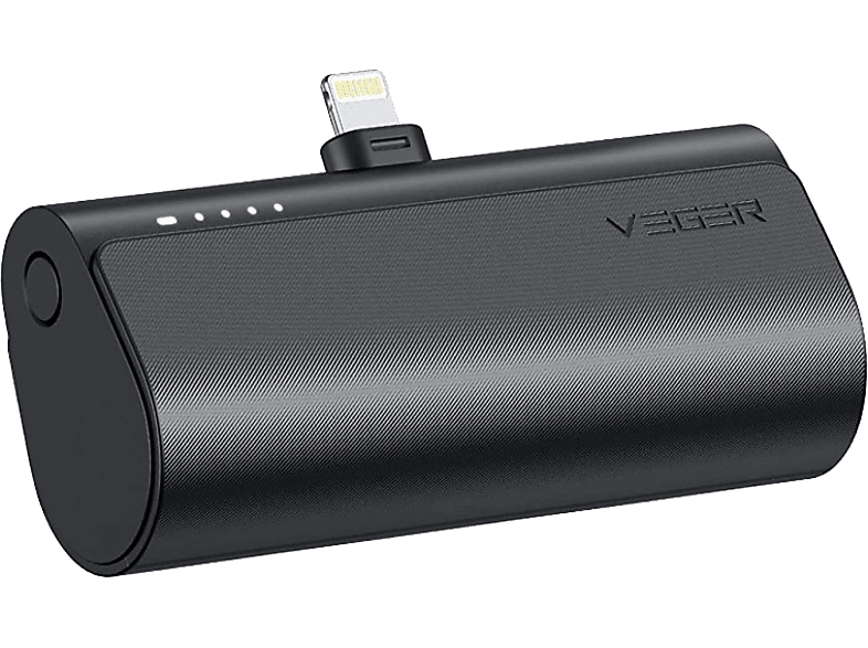 VEGER V0556P Power bank, fekete, 5000mAh, Lightning csatlakozóval, töltést jelző led sorral (20W)