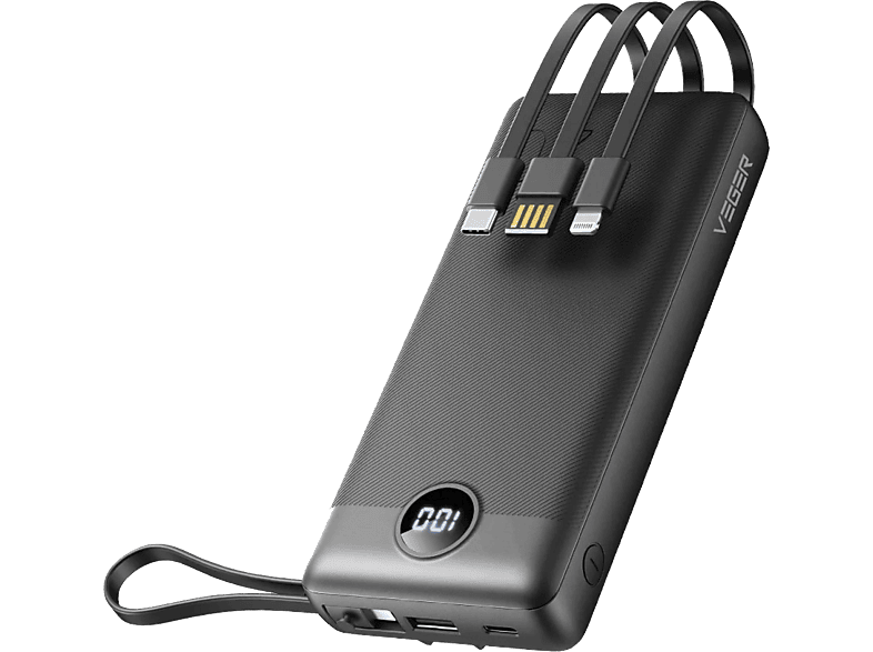 VEGER VP2047 Power bank, fekete, 20.000mAh, 5V-2A, beépített micro usb, type-c és lightning usb-a kábel