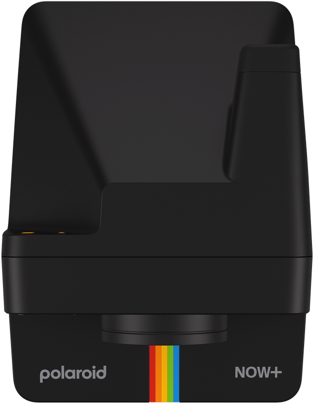 Schwarze Polaroid Now+ Kamera mit Regenbogenstreifen und dem Wort 'Polaroid'.