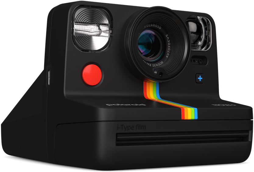Schwarze Polaroid-Kamera mit farbigem Streifen und rotem Knopf.