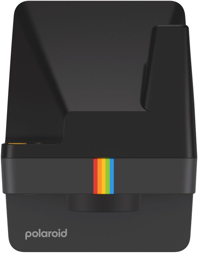 Schwarze Polaroid-Kamera, Draufsicht, mit regenbogenfarbenen Streifen.