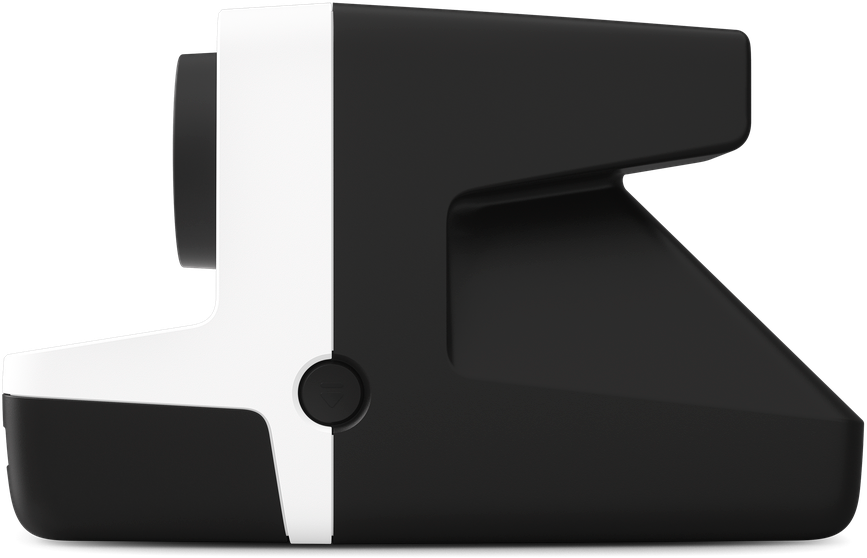 Polaroid-Kamera in Schwarz und Weiß, Seitenansicht. Weißer Oberteil, schwarzer Körper und Knopf.