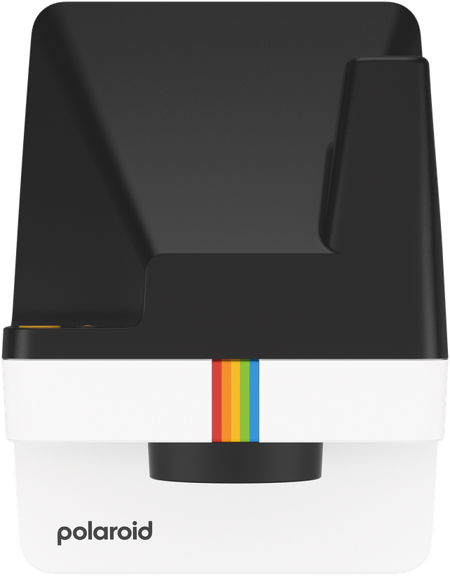 Eine schwarz-weiße Polaroid-Kamera mit Regenbogenstreifen und Markennamen.