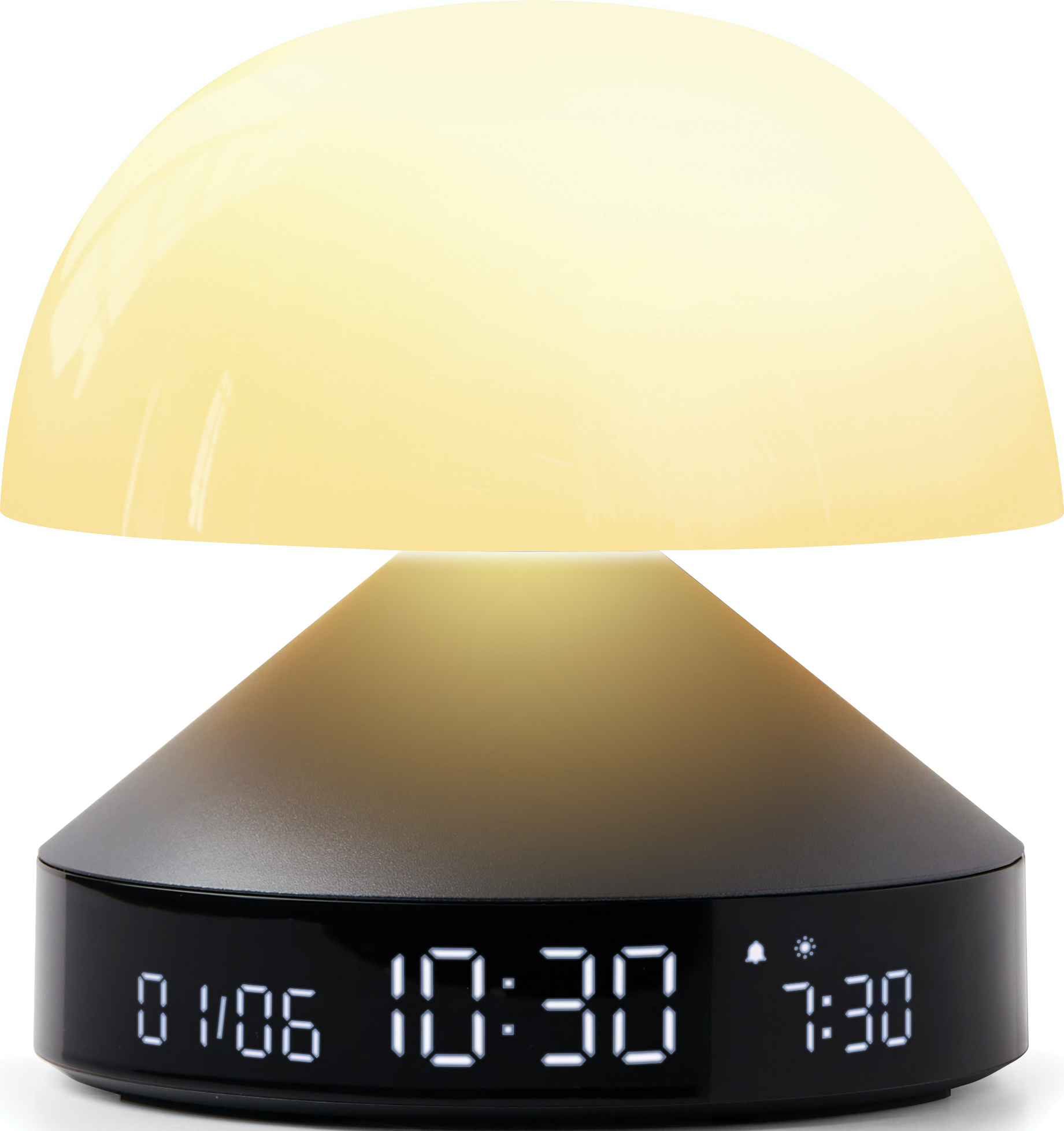 Eine Lampe mit einer gelben Kuppel und einem schwarzen Sockel, der Zeit und Datum anzeigt.