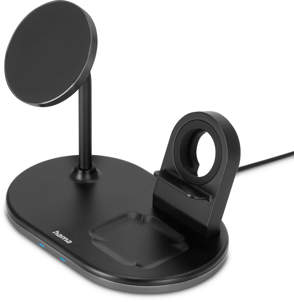 Station de recharge sans fil noire avec un support pour un téléphone et une montre, ainsi qu'un socle de recharge.