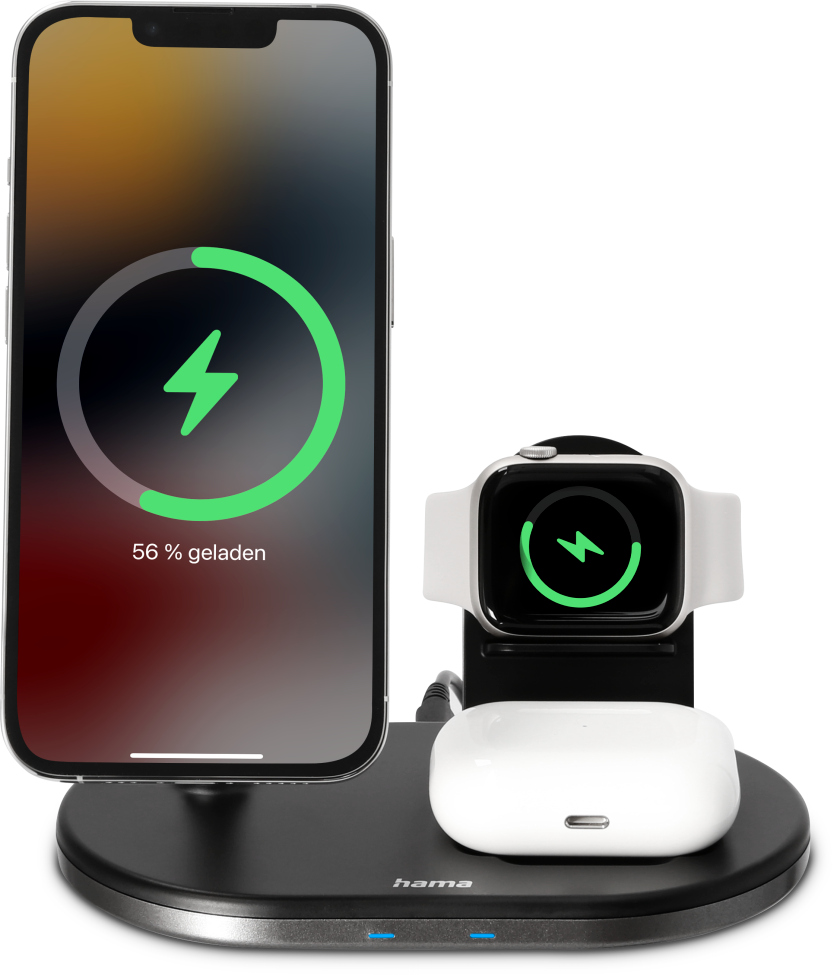 Station de charge avec iPhone, Apple Watch et AirPods. Le téléphone affiche 56% de charge.