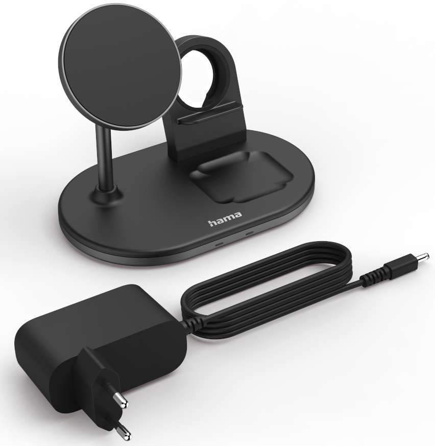 Station de charge noire avec support de téléphone, chargeur et câble. Fond blanc.