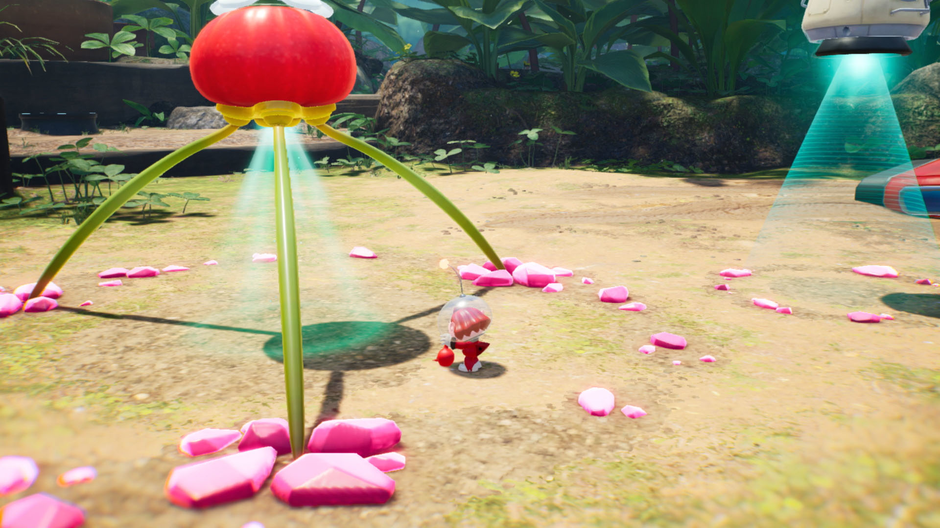 Una scena di gioco con un grande fiore rosso, una piccola figura e un'astronave.