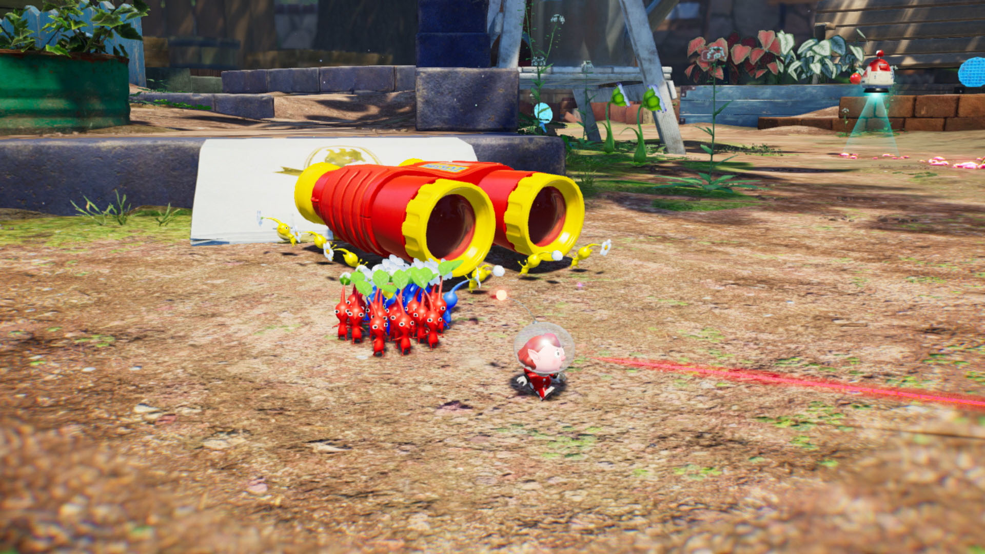 Una scena di un videogioco con binocolo rosso e un gruppo di Pikmin.