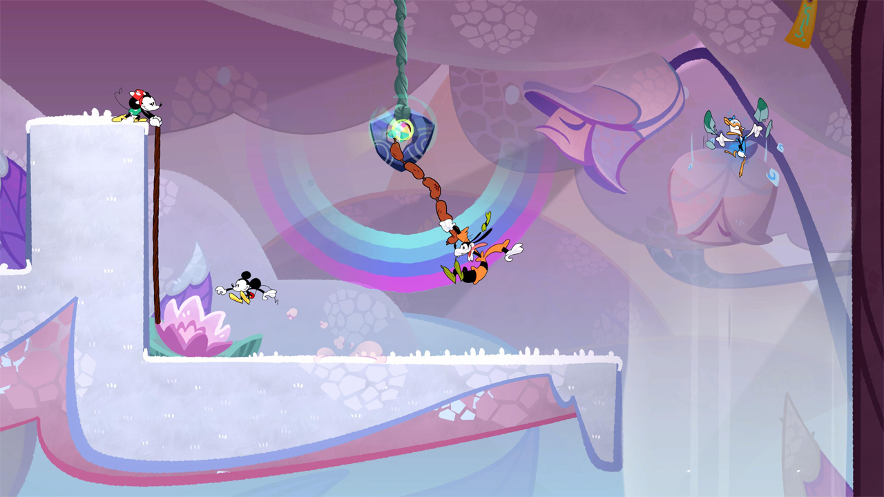 Scena a cartoni animati: Topolino, Minnie, Pippo in un ambiente colorato e stravagante.