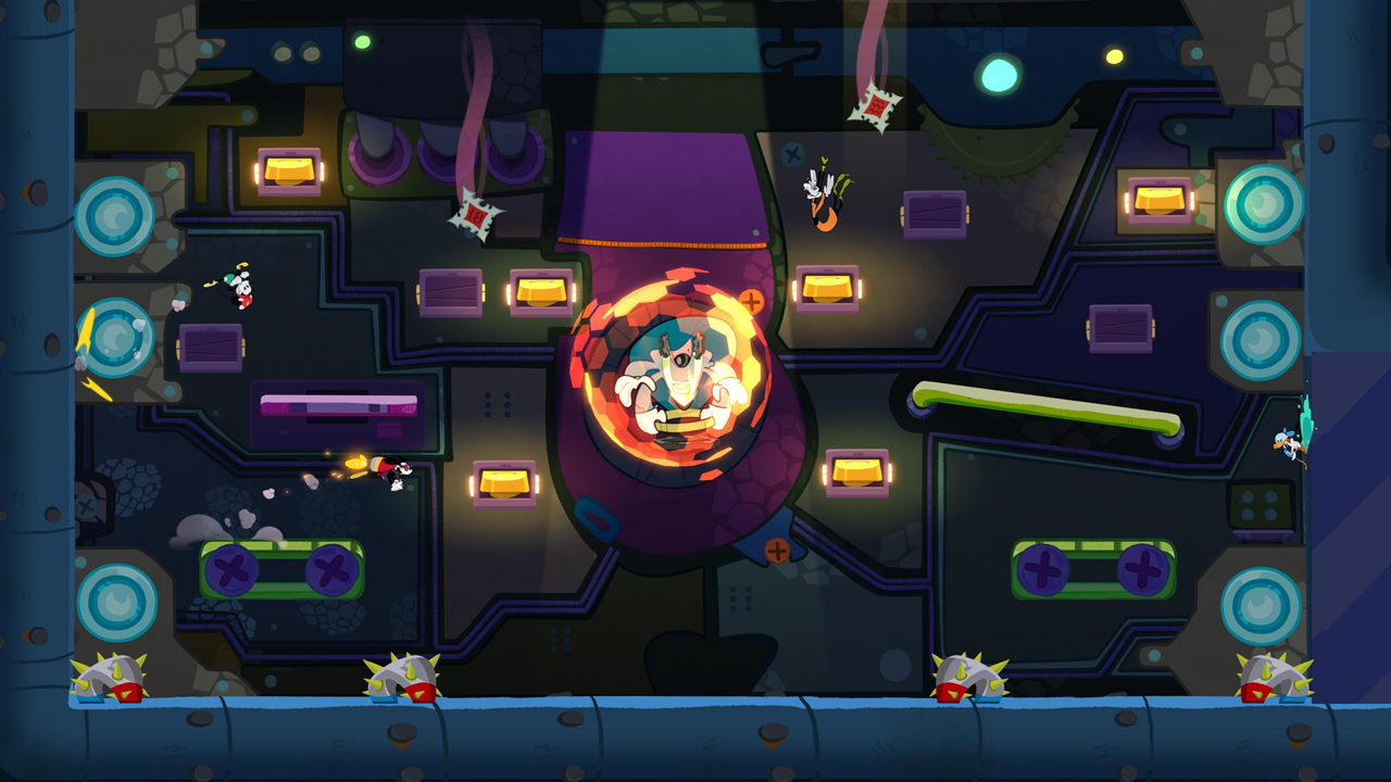 Immagine in stile cartone animato di un livello in un videogioco. I personaggi combattono in un ambiente futuristico.