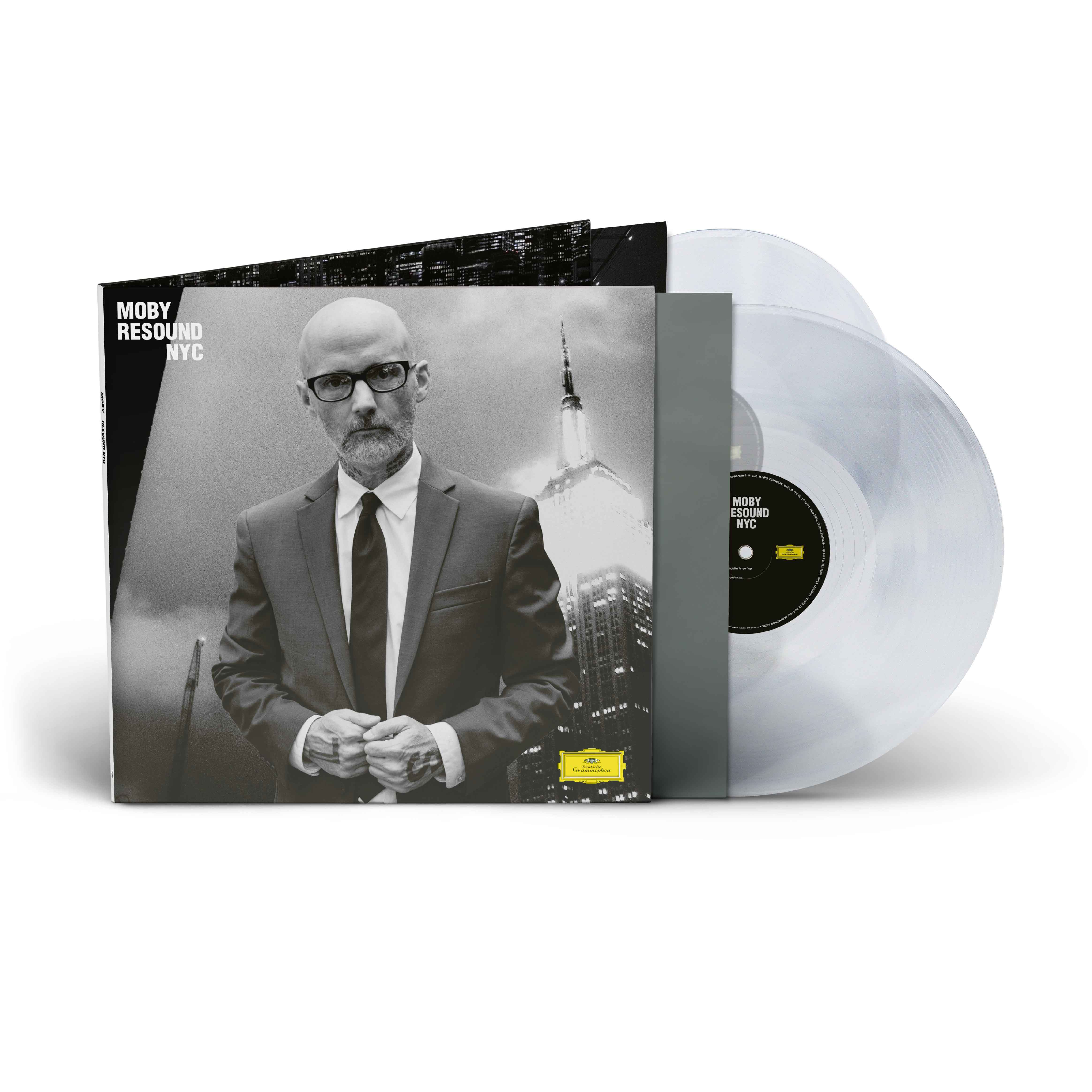Albumcover von Mobys 'Resound NYC', mit Vinyl-Schallplatten.