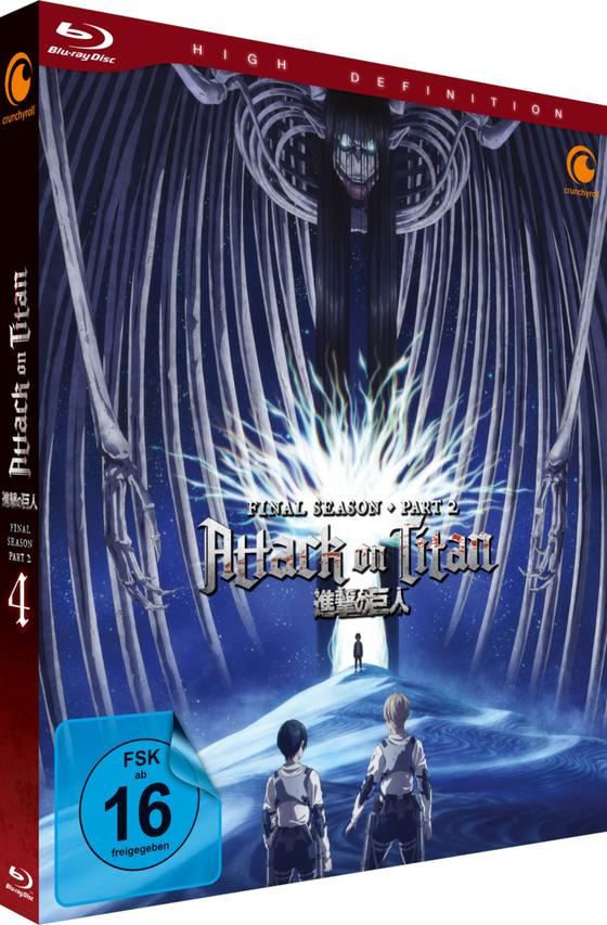 Blu-ray-Disc-Cover von Attack on Titan. Charaktere vor einem riesigen Titanen, blauer Hintergrund.