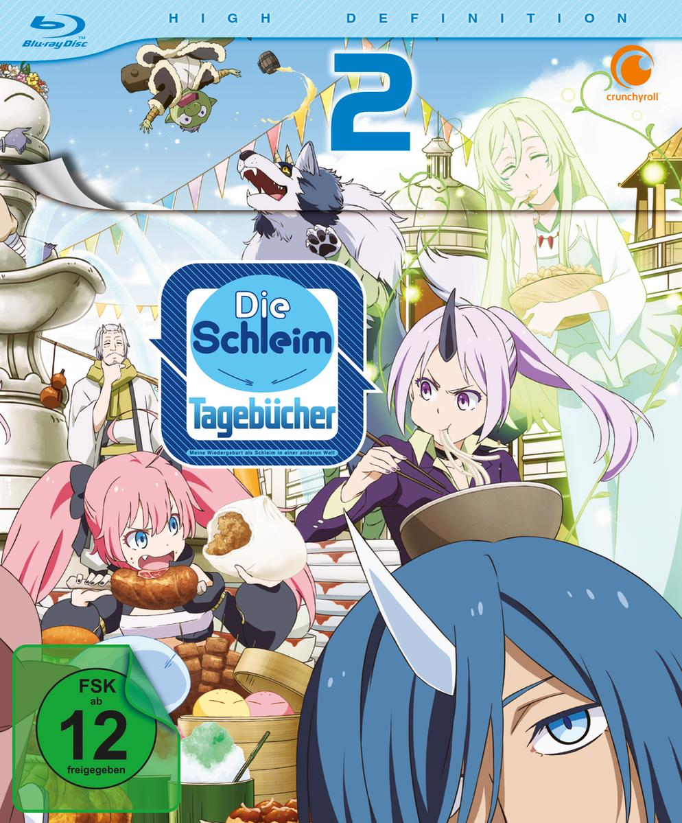 Blu-ray-Cover mit Anime-Charakteren. Deutscher Text: 'Die Schleim Tagebücher'. Charaktere beim Essen und Kochen.