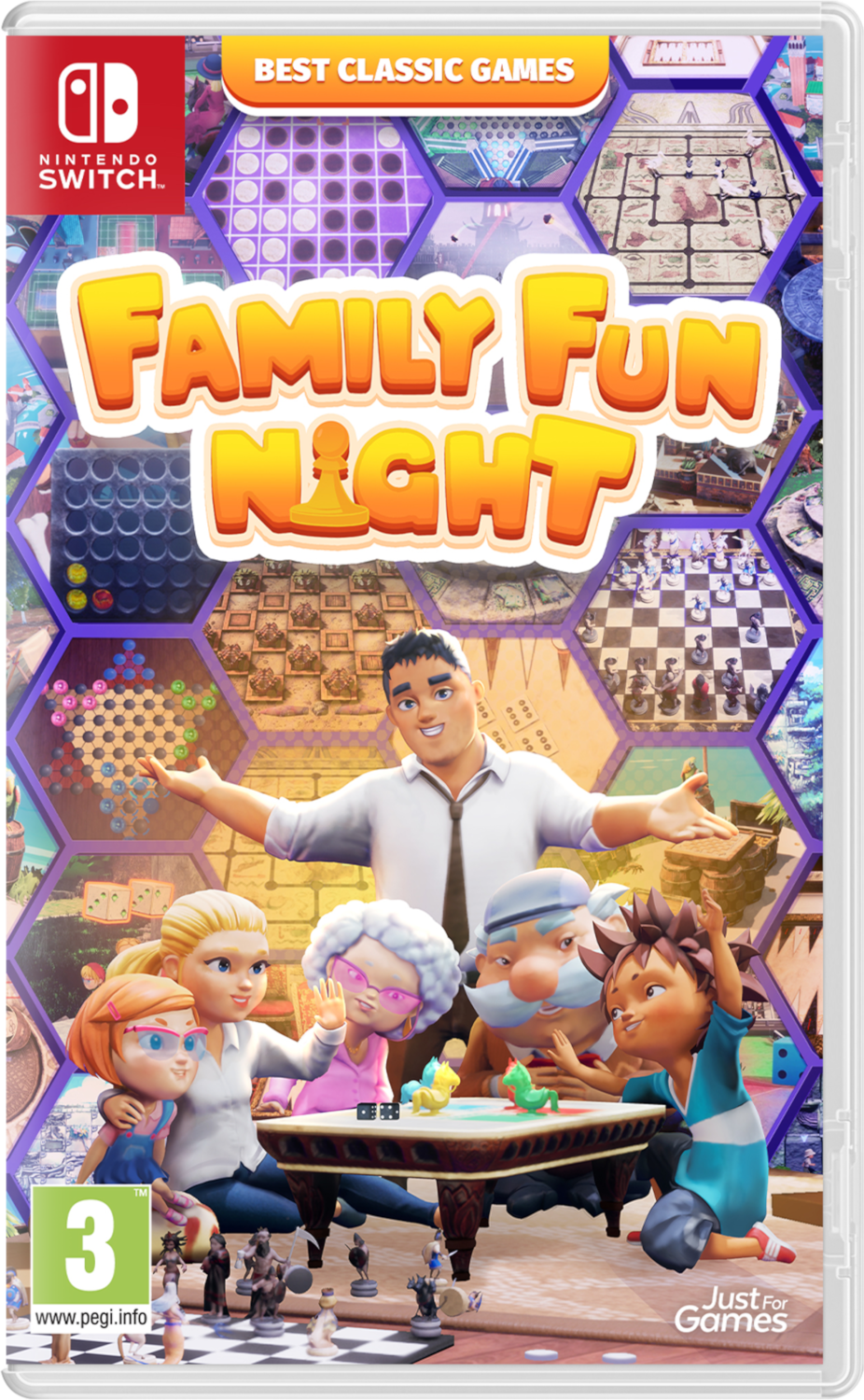 Boîte de jeu Nintendo Switch : 'Family Fun Night'. Personnages de dessins animés jouant à des jeux de société.