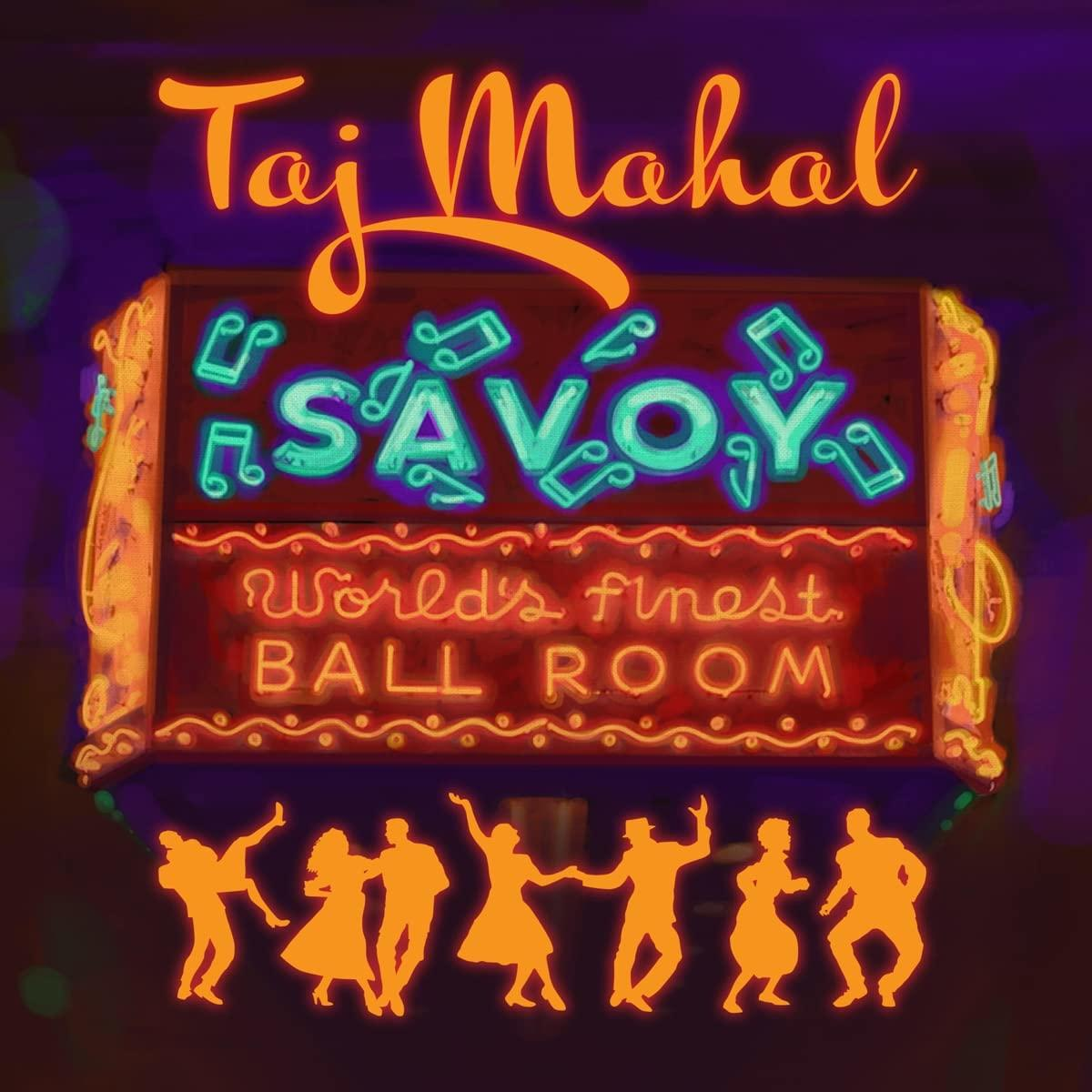 Neonschild: Taj Mahal Savoy, World's finest Ballroom. Tanzende Silhouetten unten, lila und gold.