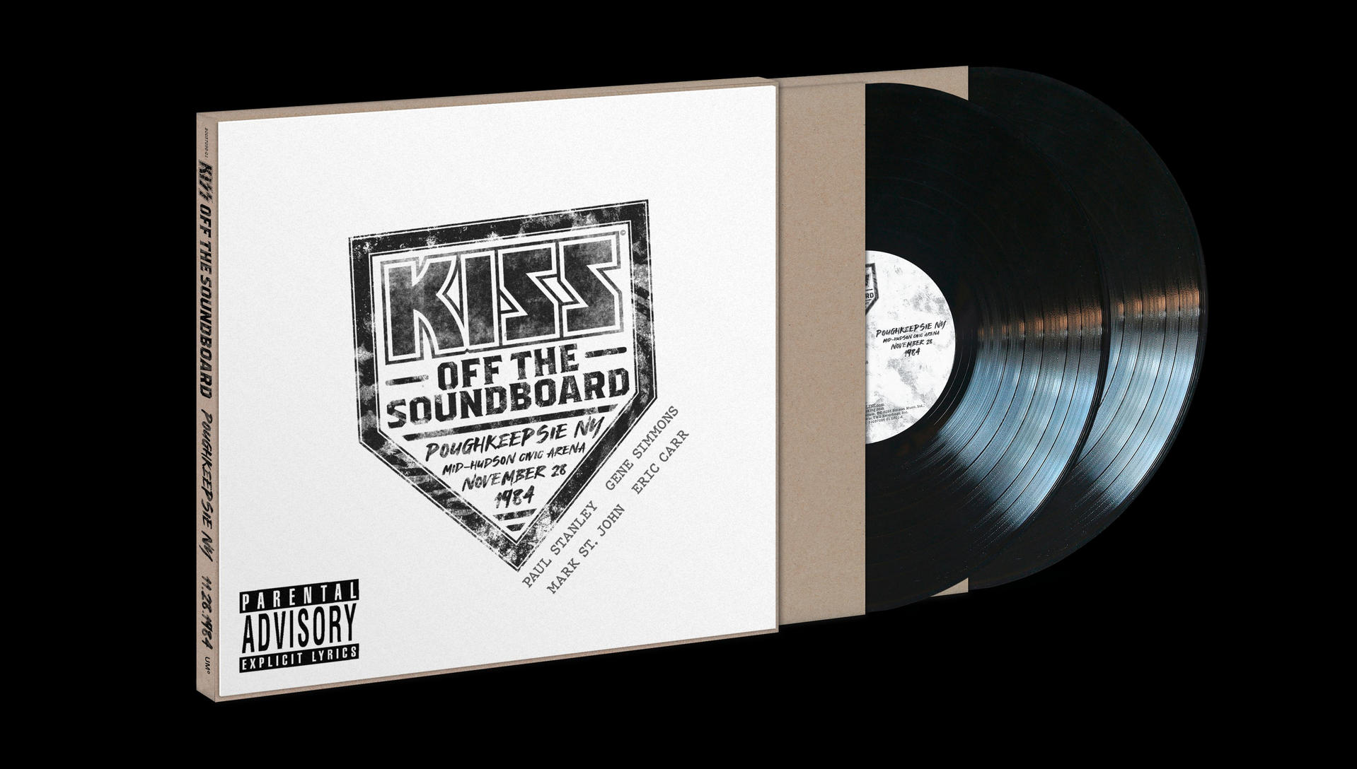 Schwarze Schallplatten in einem weißen Albumcover mit KISS-Logo und Text.