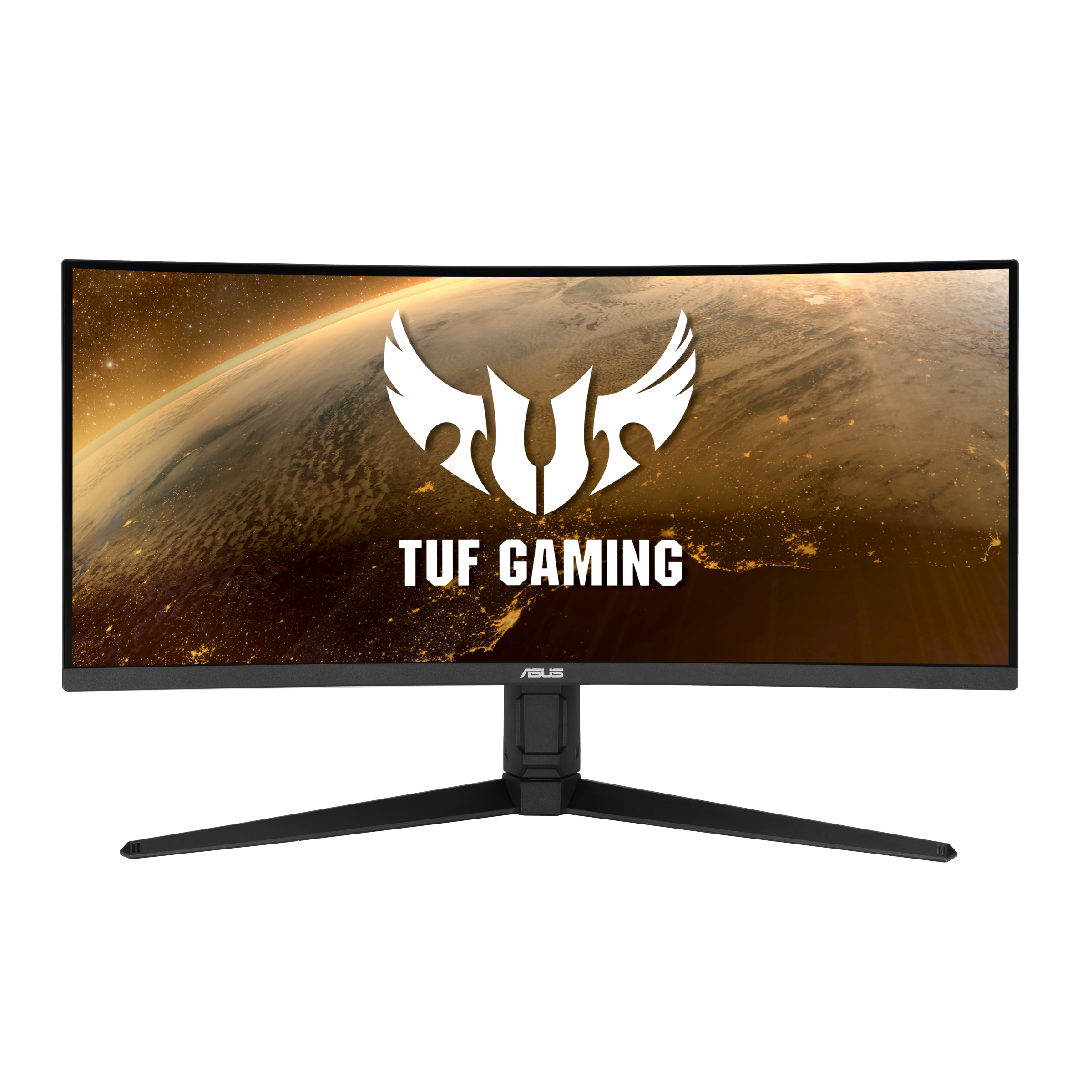 Ein gebogener Gaming-Monitor mit TUF GAMING-Logo und Planetenansicht.