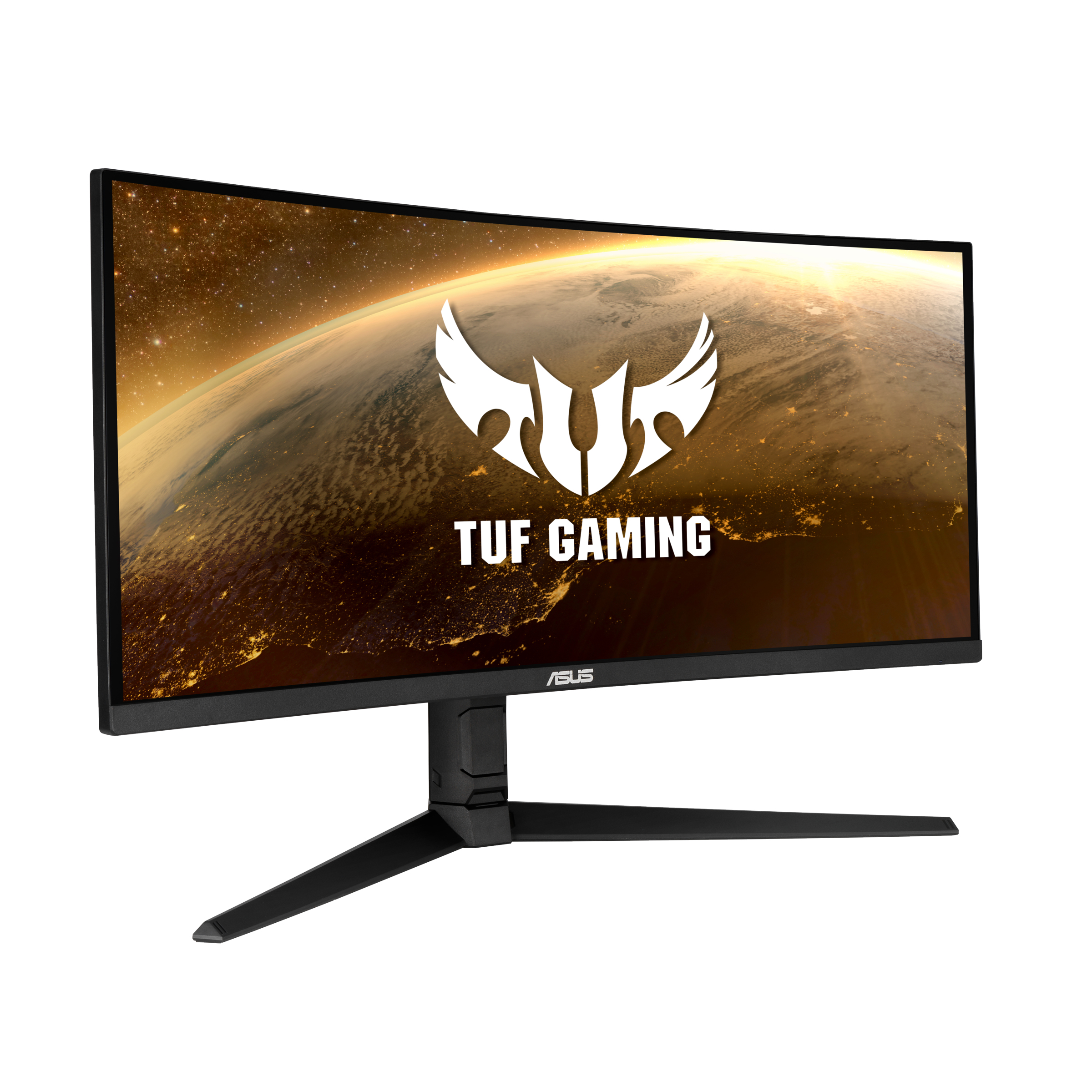 Schwarzer, gebogener Monitor mit weißem Logo und TUF GAMING-Text. Erd-Bildschirm. Schwarzer Ständer.