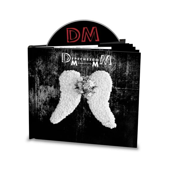 Depeche Mode album borító, fekete borítóval, fehér angyalszárnyakkal és a zenekar logójával.