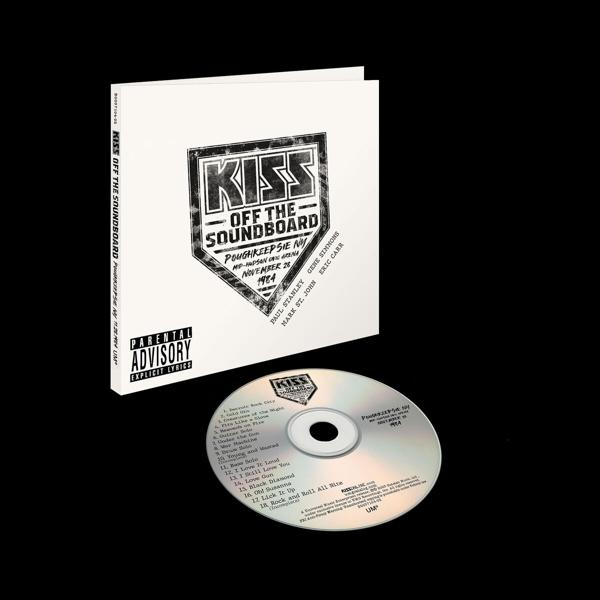 Kiss Off The Soundboard CD und Hülle. Weißes Case, Disc mit Text auf schwarzem Hintergrund.