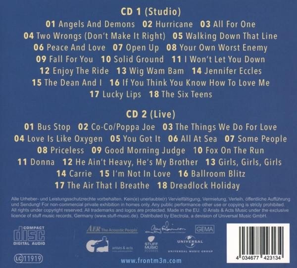 Albumcover mit einer Liste von Songtiteln auf blauem Hintergrund.