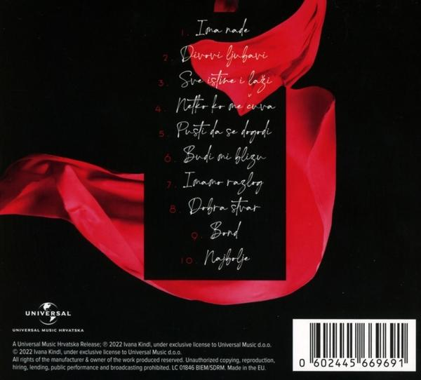 Eine CD-Hülle mit serbischen Songtiteln und einem roten Stoffelement vor schwarzem Hintergrund.