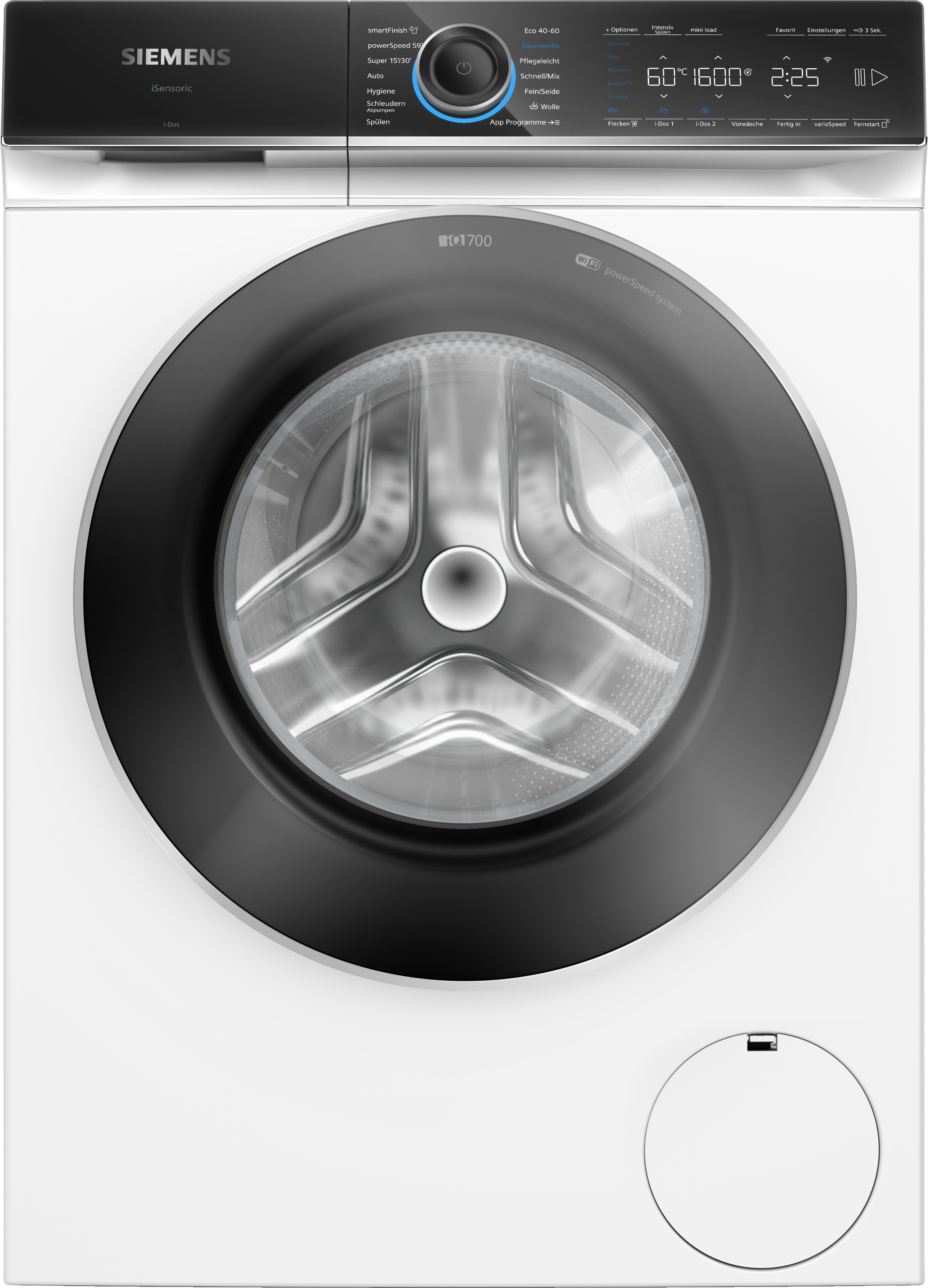 Eine weiße Siemens Waschmaschine mit schwarzer Tür. Sie hat ein Bedienfeld mit Knöpfen und einem Digitaldisplay.