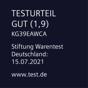 Text auf dunklem Hintergrund, der ein Testergebnis und eine Zertifizierung angibt.