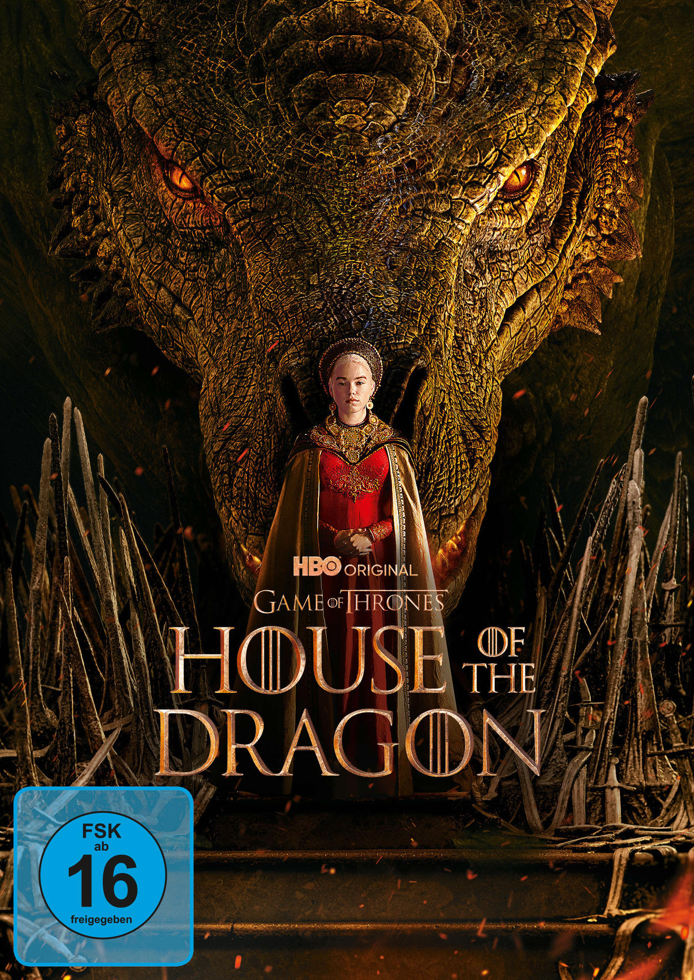 Couverture Blu-ray House of the Dragon avec dragon et femme en rouge, logo HBO.