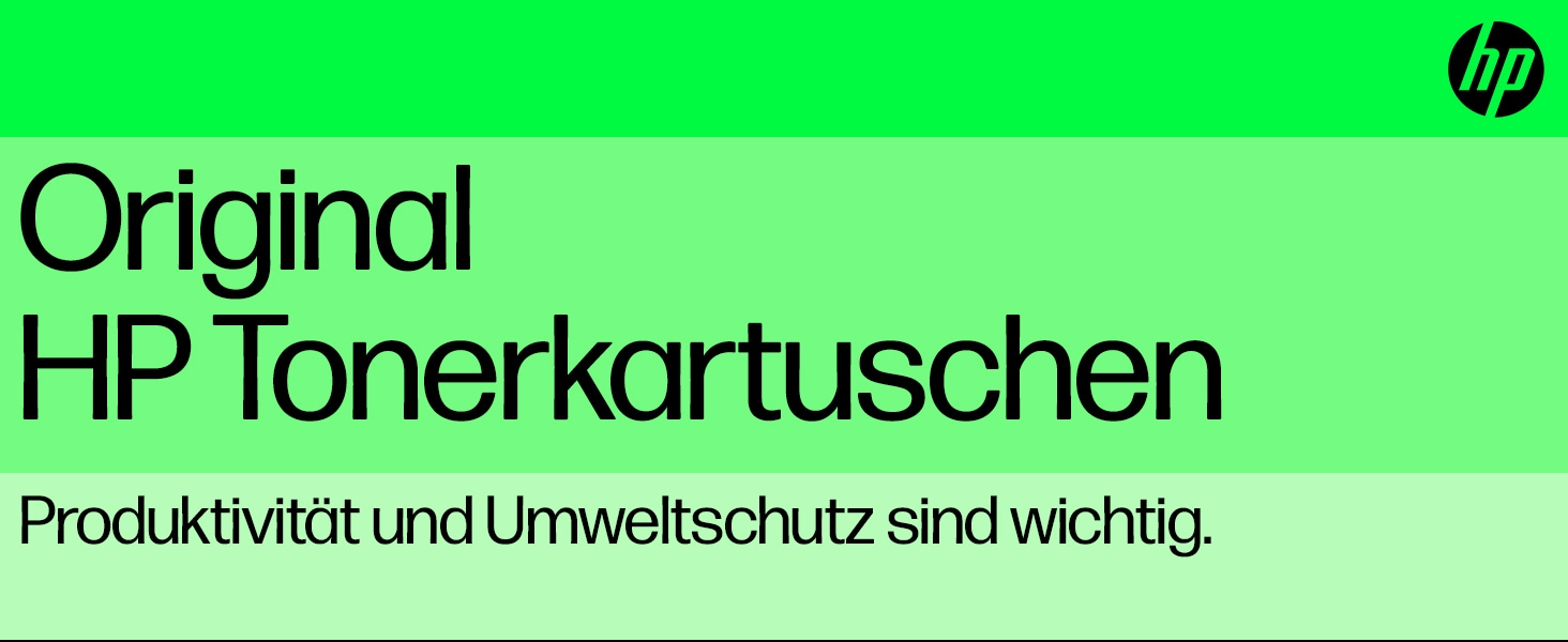 Grüner und hellgrüner Hintergrund mit schwarzem Text: Original HP Tonerkartuschen. Darunter steht: Produktivität und Umweltschutz sind wichtig.