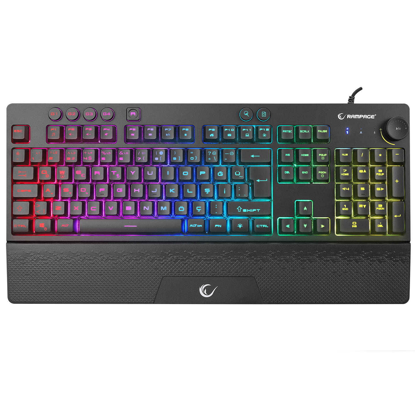 Aydınlatmalı tuşlara sahip siyah oyun klavyesi. Tuşlarda renkli ışıklar ve bilek desteği.