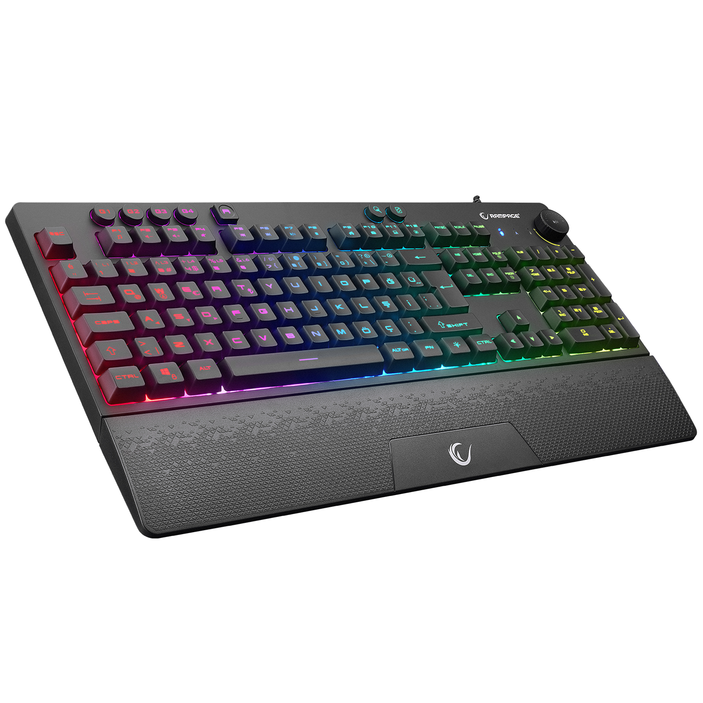RGB aydınlatmalı, bilek destekli ve kadranlı siyah oyuncu klavyesi.