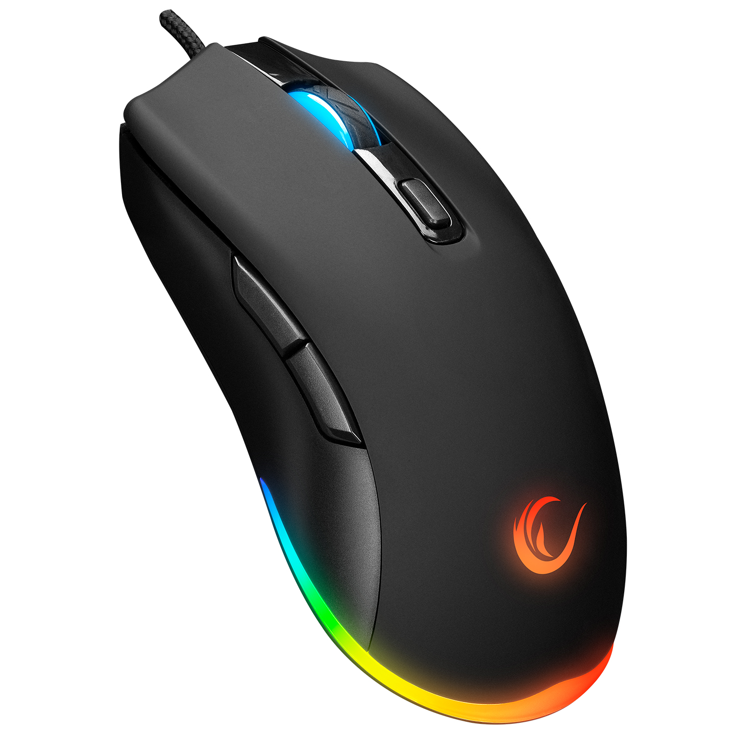 Alt kısmında RGB aydınlatma ve kaydırma tekerleğinde mavi ışık bulunan siyah oyun faresi.