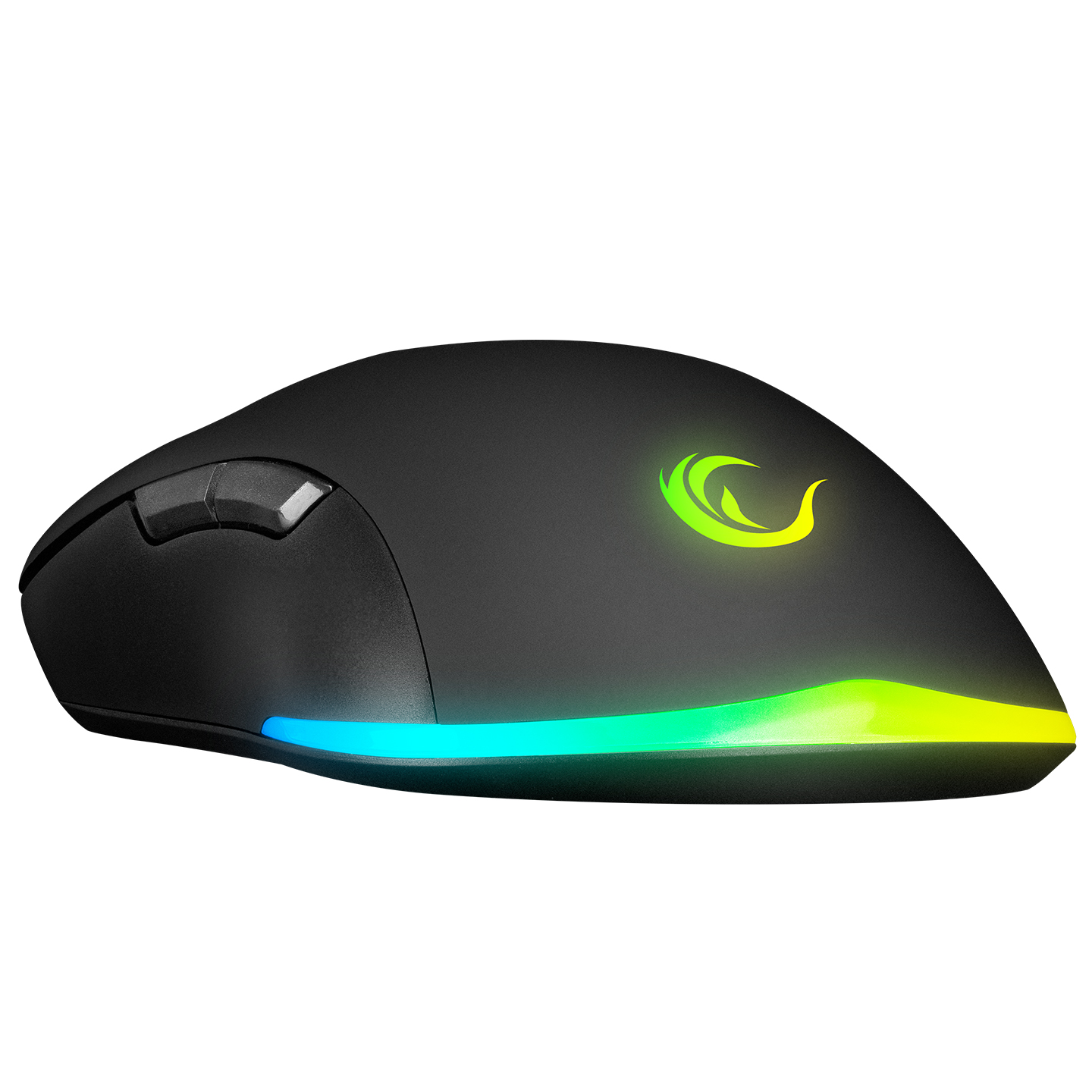 RGB aydınlatmalı, yan tuşlu ve logolu siyah oyun faresi.