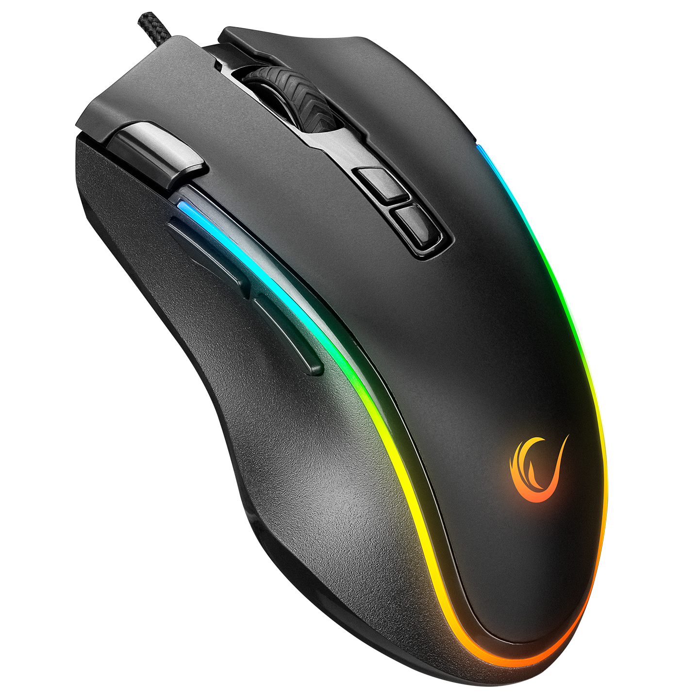 RGB ışıklı ve logolu siyah oyun faresi.