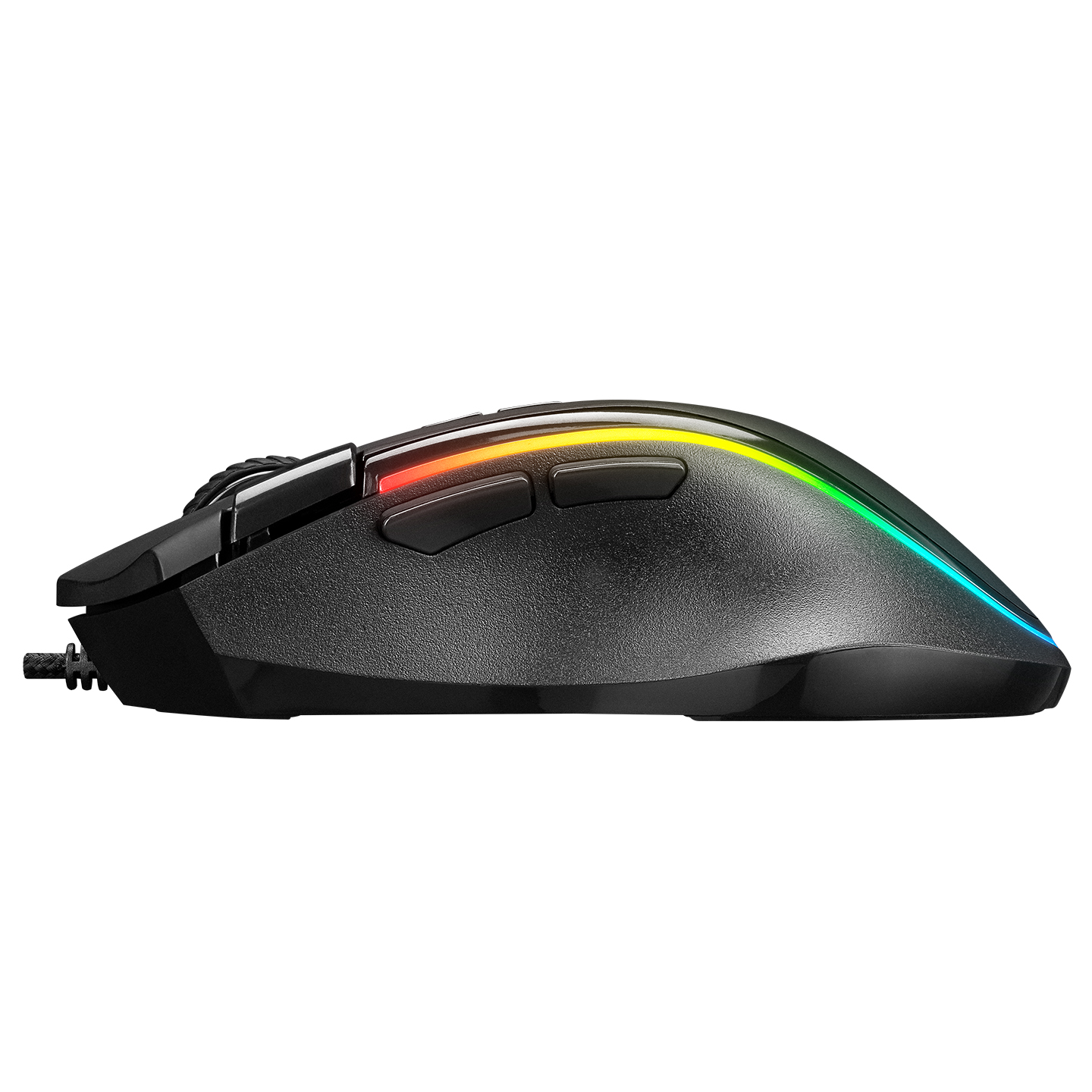 RGB aydınlatmalı siyah oyun faresi. Yan düğmeleri ve bir kabloyu gösterir.
