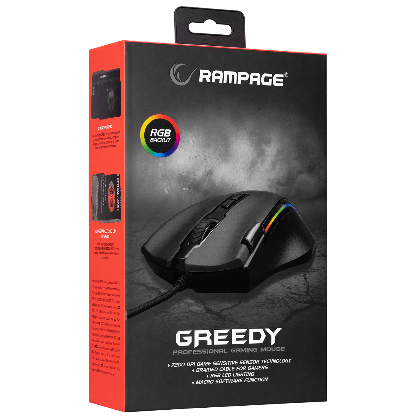 RGB aydınlatma detayları ve ürün bilgileri içeren bir kutuda siyah oyun faresi.