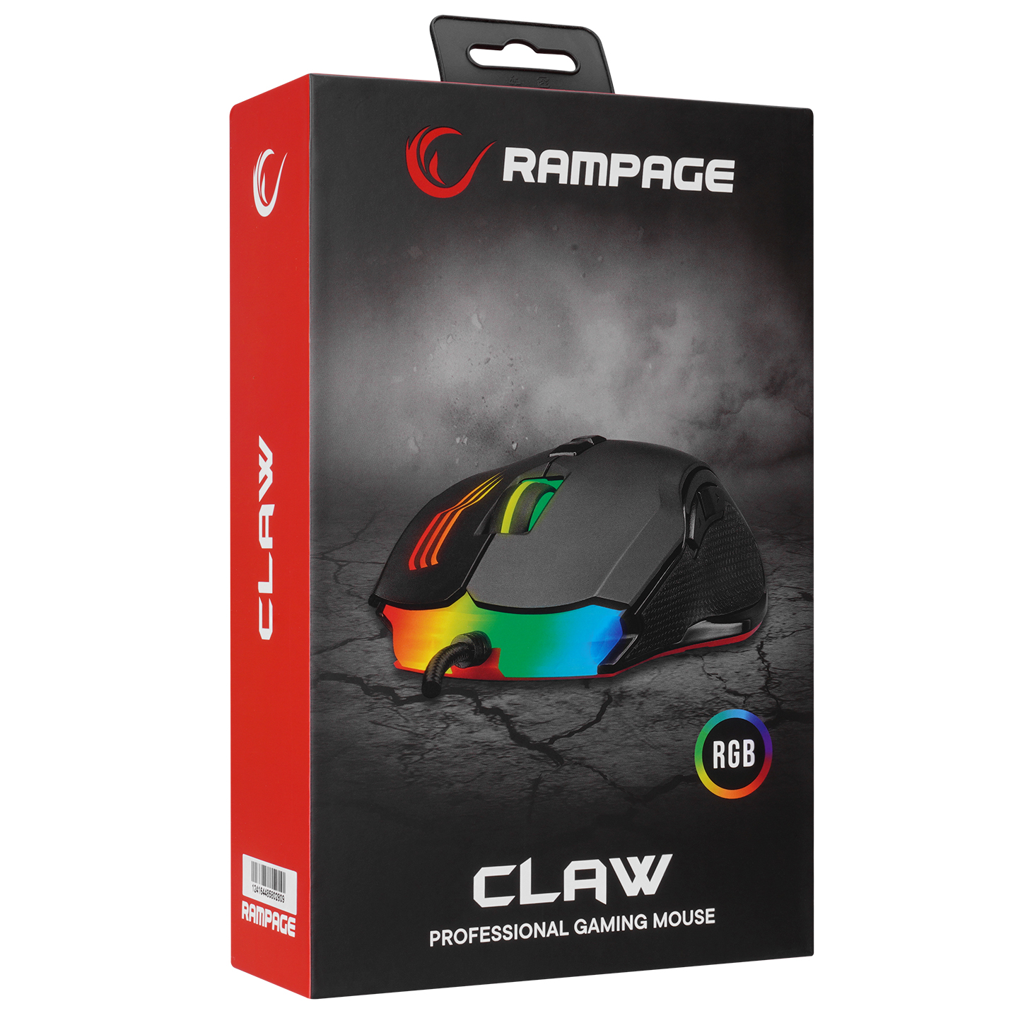 Bir ürün kutusunda kırmızı ve sarı ışıklı siyah bir oyun faresi. Kutu 'CLAW' ve 'RGB' diyor.