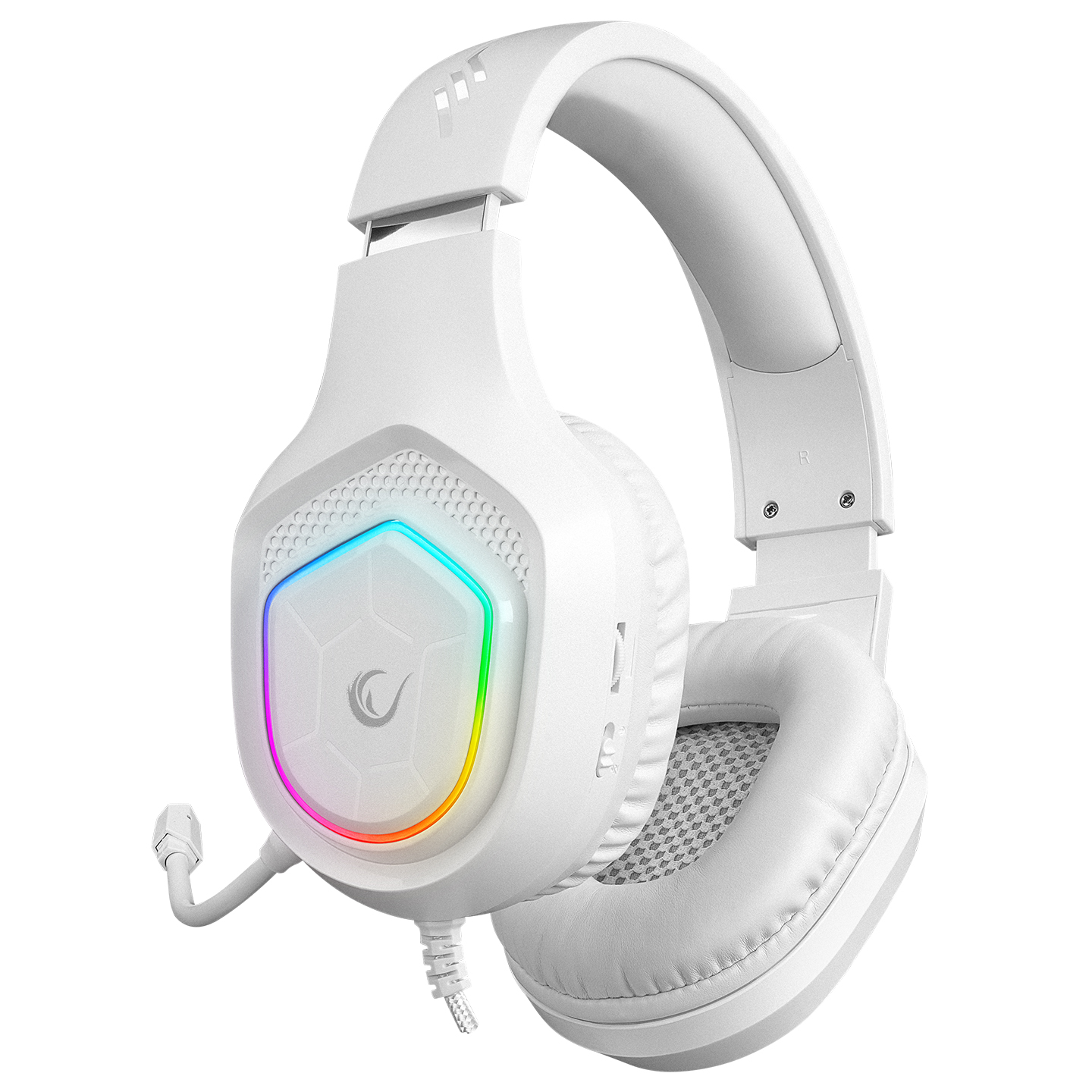 Mikrofonlu beyaz oyun kulaklığı. Kulaklıklarda RGB aydınlatma bulunur.