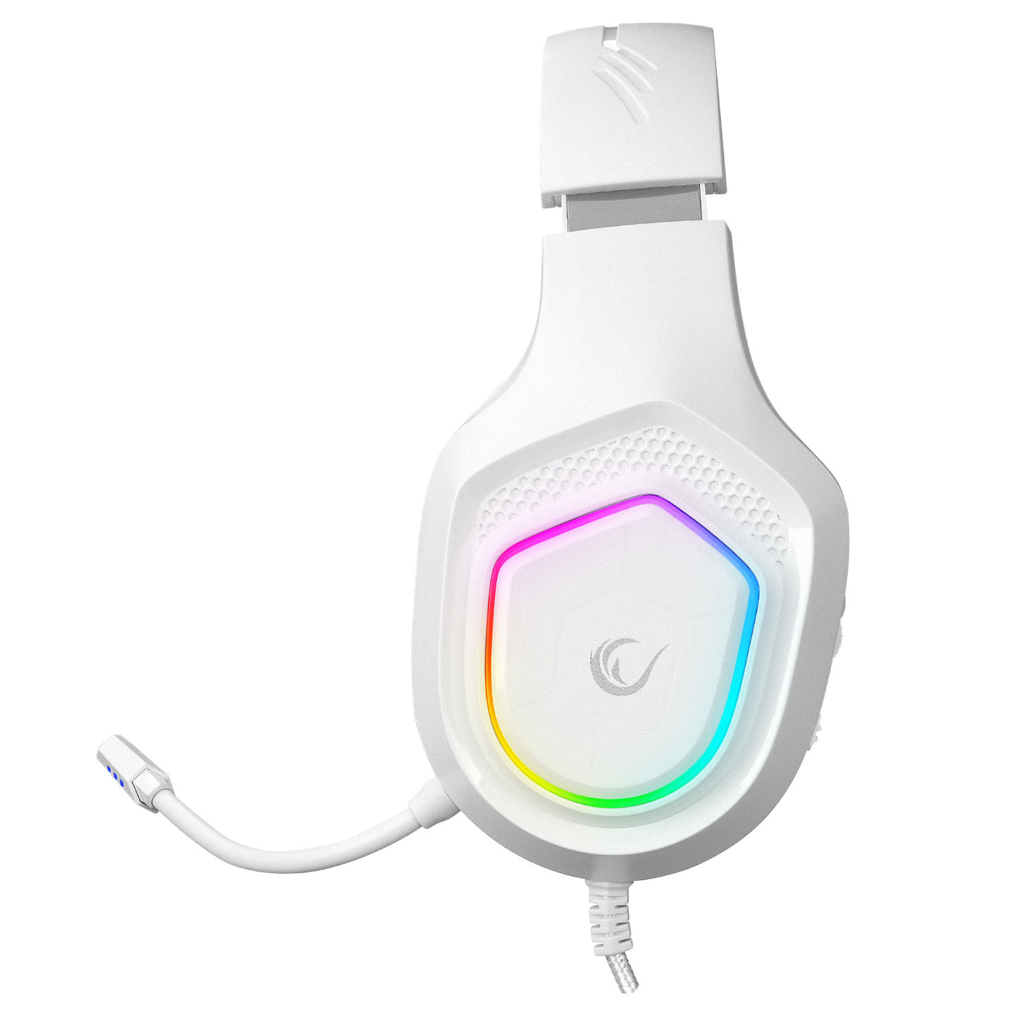 Kulaklıkların etrafında RGB ışıkları ve bir mikrofon bulunan beyaz bir oyun kulaklığı.
